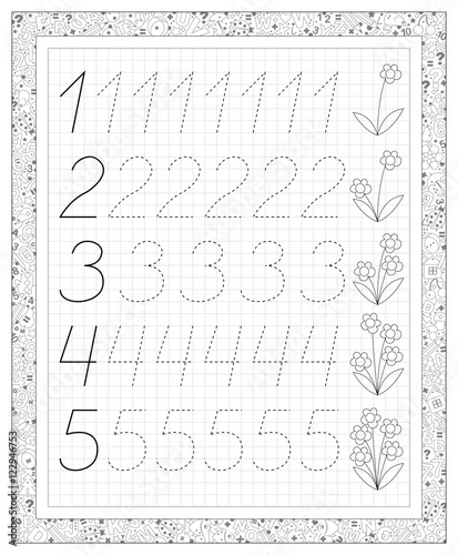 Black and white worksheet on a square paper with exercises for little children. Page with numbers from one to five. Developing skills for writing and counting. Vector image.