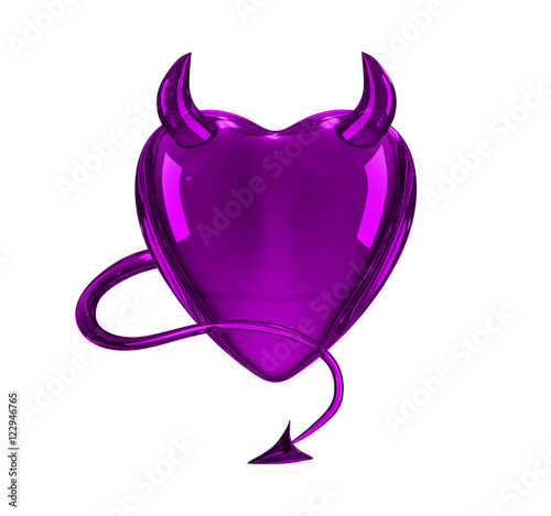 Glossy 3D devil purple heart with horns and tail photo