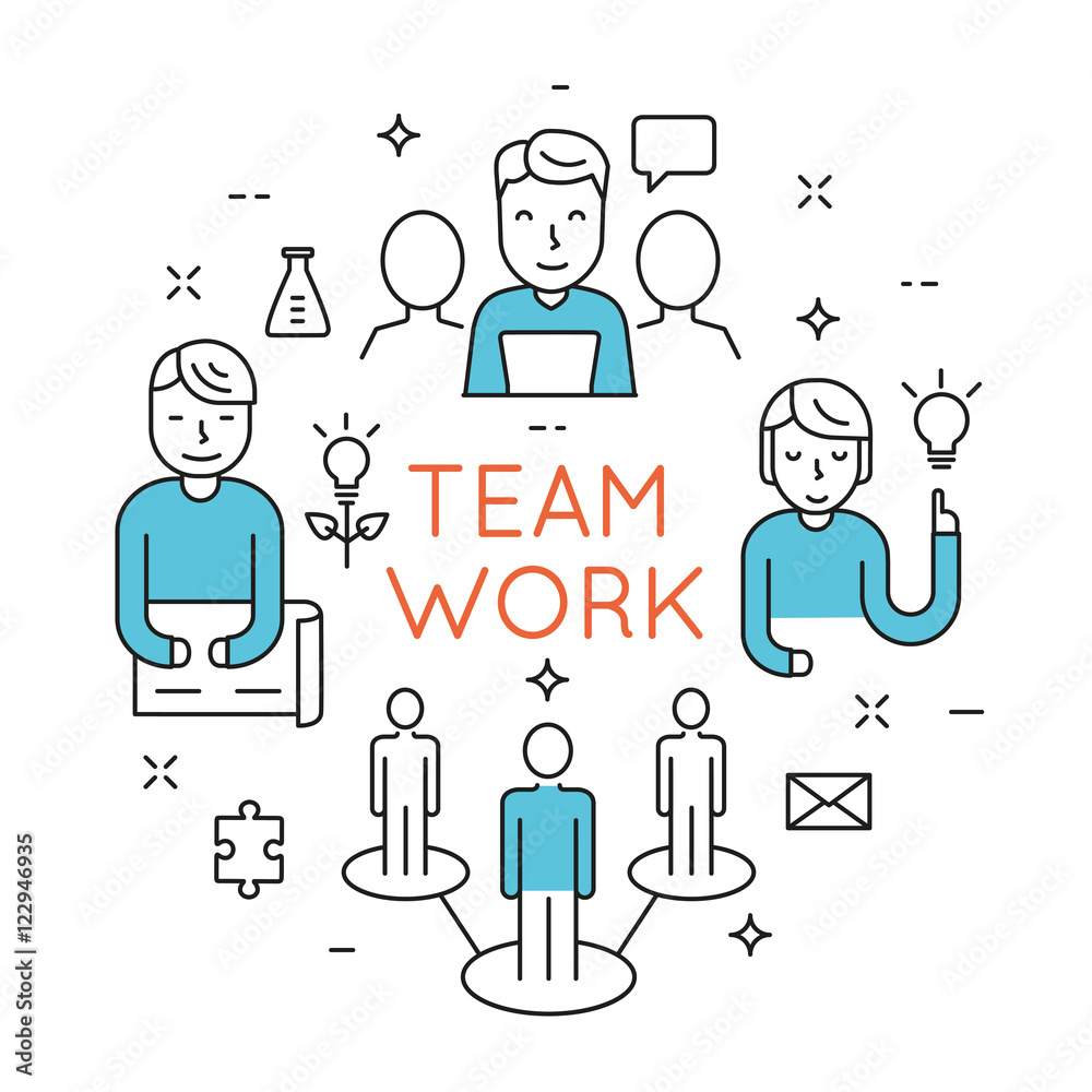 Flat line design concept of teamwork and people organization Flat line design concept of teamwork and people organization