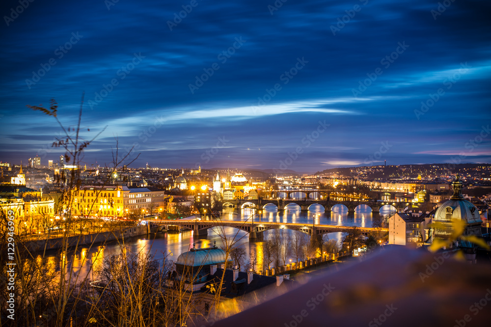 view from platform to city of Prague and river Vltava in winter