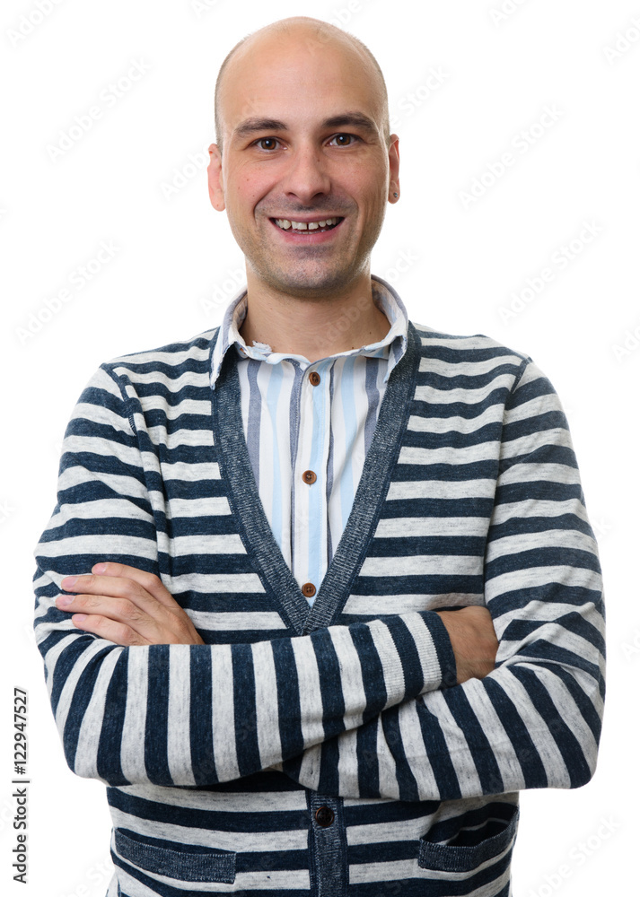 handsome bald man smiling wearing cardigan sweater handsome bald man smiling wearing cardigan sweater