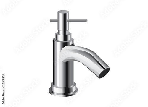 Single hole bathroom faucet chrome. Single handle controls. Vector object about bathroom interior.