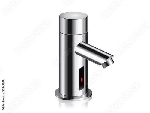 Bathroom faucet in polished chrome powered automatic by sensor. Vector object about home Improvement.