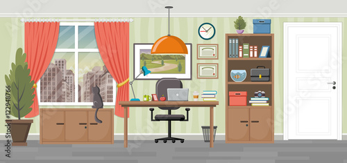 Office workspace background with desk. Business workplace in the city.

