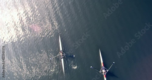 Scull rowing team training. Aerial view photo