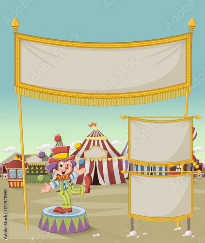 Cartoon clown juggling in front of cartoon circus. Vintage carnival background.
