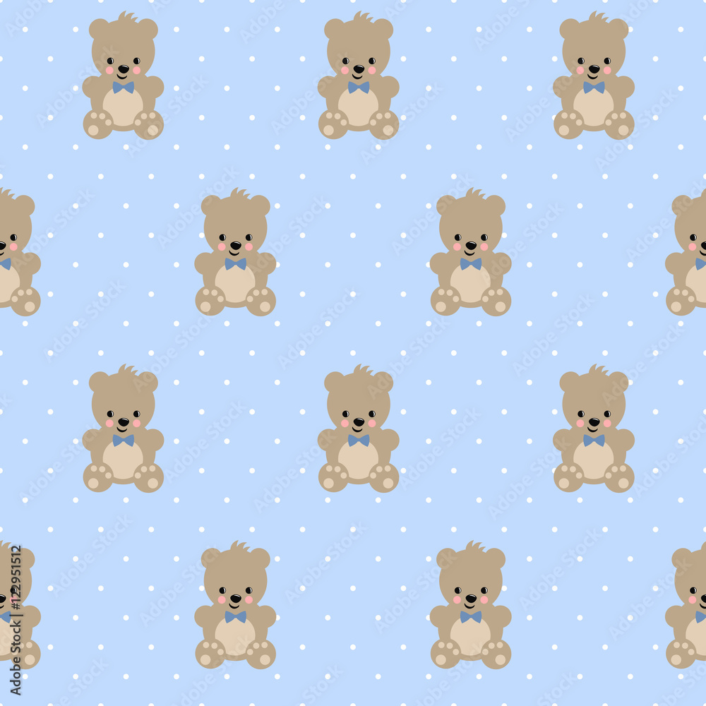 Teddy Bear seamless pattern on baby blue polka dots background. Cute vector  with baby bear. Design for print on baby's clothes, textile, baby shower,  wallpaper, fabric. Stock Vector | Adobe Stock