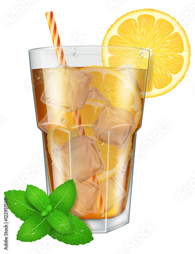 Glass of ice tea with lemon, ice cubes and mint. Vector illustration.