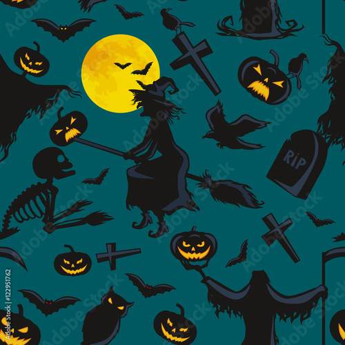 witch on a broomstick under full moon with skeletons and pumpkins to the cemetery where the crows fly over the crosses