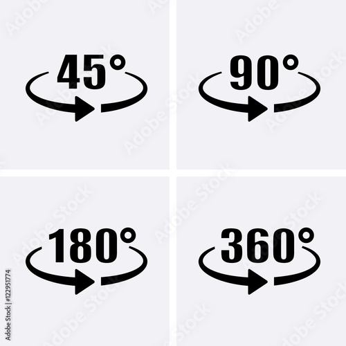 Angle 45, 90, 180, 360 Degrees View Icons. Rotation arrow. Rotat