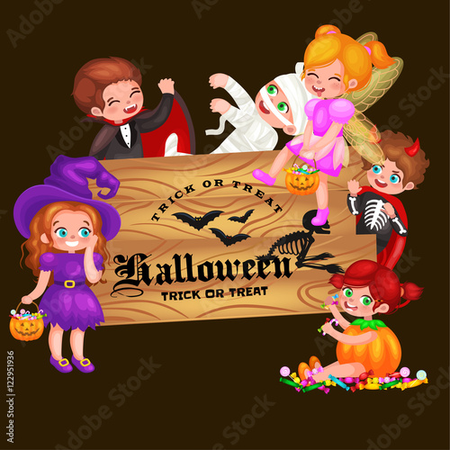 Cute colorful Halloween kids in costume for party set isolated vector illustration