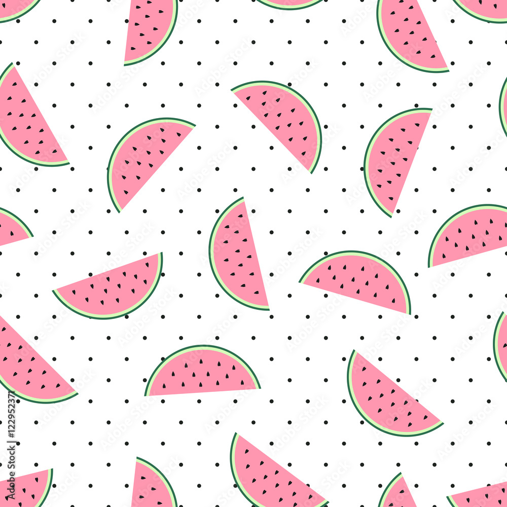 Watermelon slices seamless pattern on white polka dots background. Cute ...