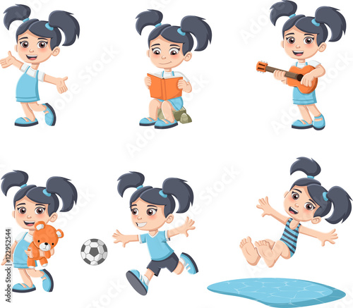 Cute happy cartoon girl playing. Sports and toys.
