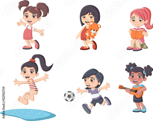 Cute happy cartoon girls playing. Sports and toys.
