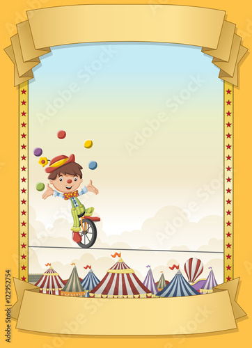 Poster with cartoon clown juggling on tightrope over retro circus. Vintage carnival banner with ribbons.
