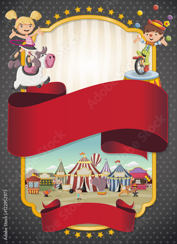 Poster with cartoon characters and animals in front of retro circus. Vintage carnival banner with ribbons.