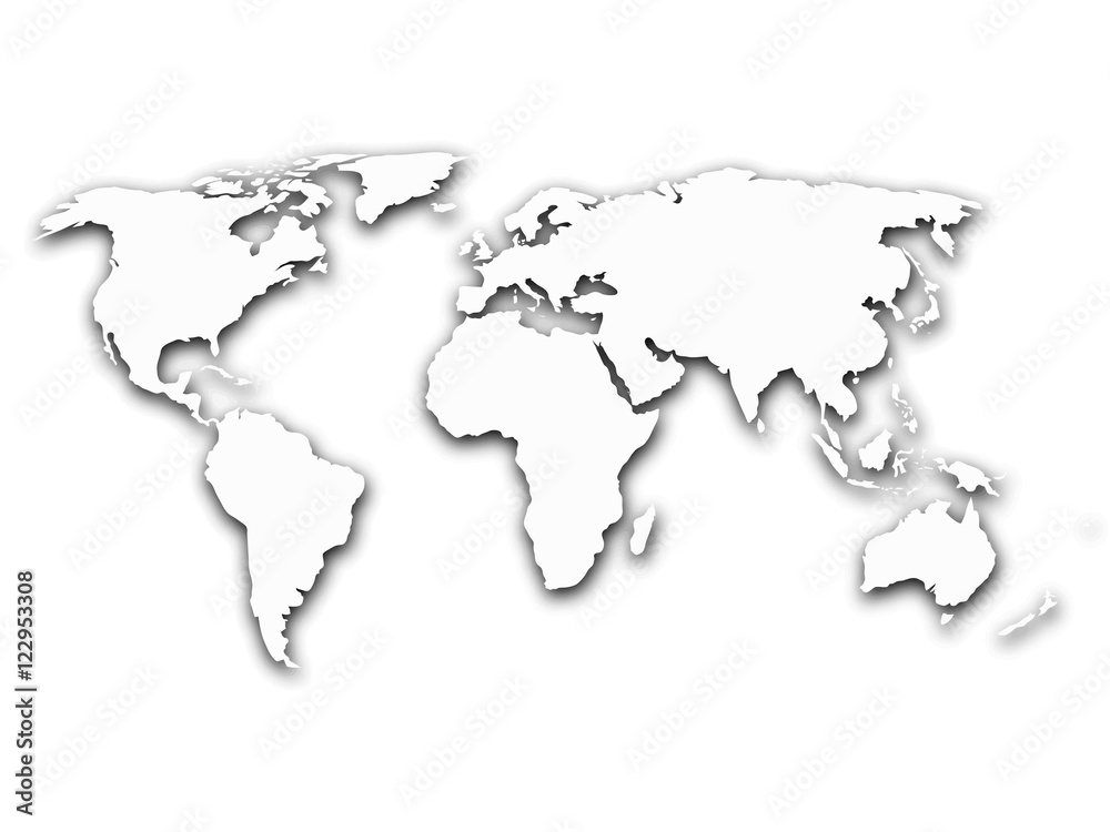 Simplified contour world map with shadow on white gradient background. Vector illustration.