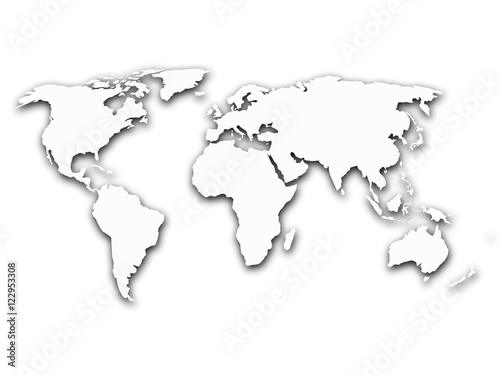 Simplified contour world map with shadow on white gradient background. Vector illustration.
