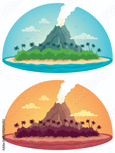 Tropical Island on White / Clip art illustration of tropical island with smoking volcano in 2 color versions.