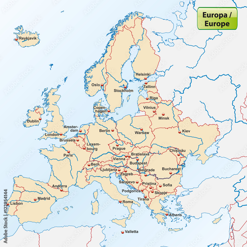 Fototapeta premium Mapa Europy ze stolicami państw
