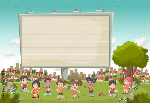 Colorful park in the city with a big billboard and cartoon children playing. ...