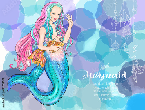 Hand drawn mermaid with gold fish in underwater world. 