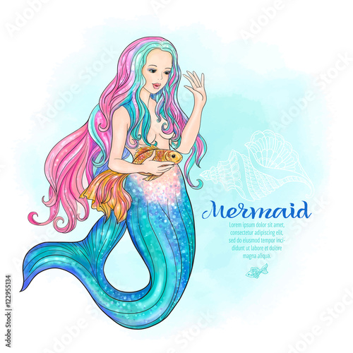 Hand drawn mermaid with gold fish in underwater world. 