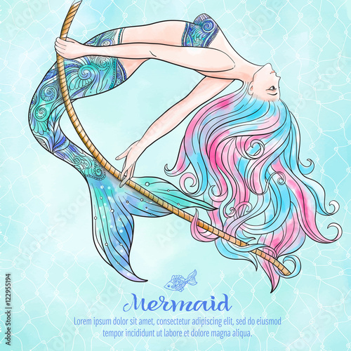 Hand drawn mermaid with gold fish in underwater world. 