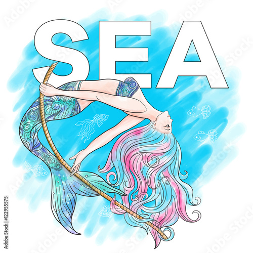 Hand drawn mermaid with gold fish in underwater world. 