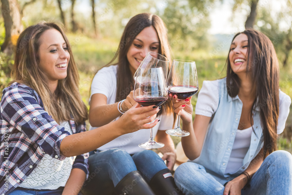 Women toasting with wine in the garden Women toasting with wine in the garden
