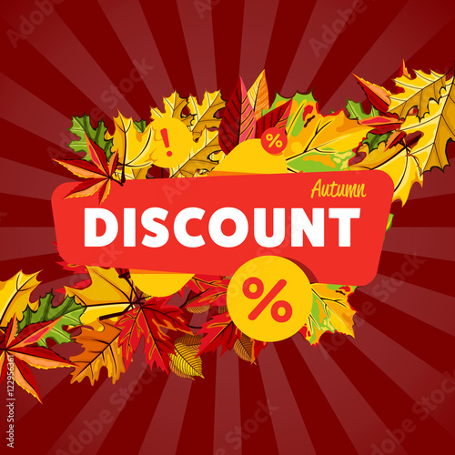 Autumn seasonal sale design template, vector illustration. Autumn discount banner with colorful leaves on striped red background. Advertisement about autumnal discount. Incredible sale proposition