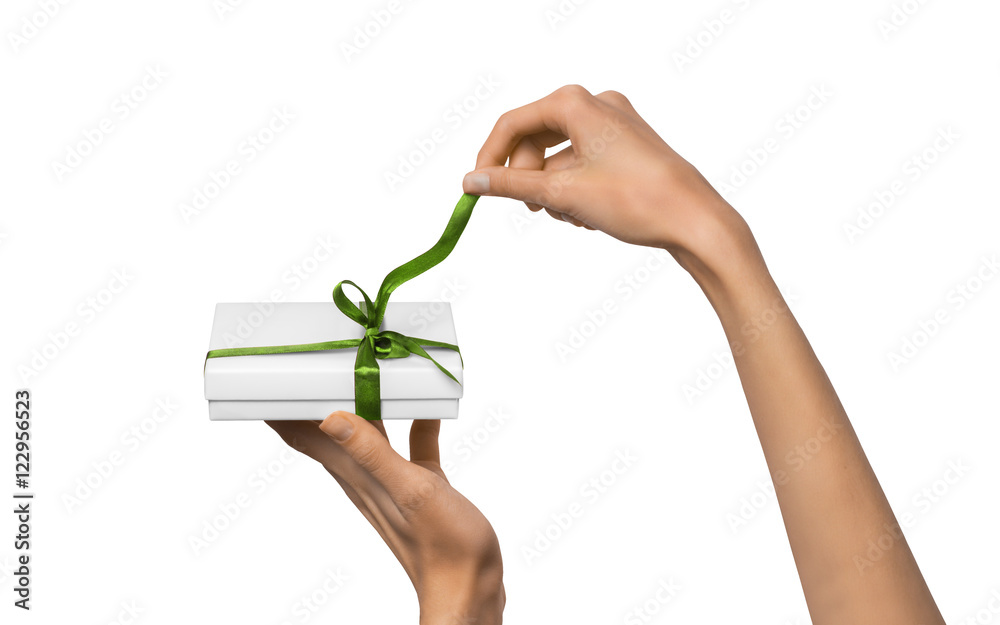 Isolated Woman Hands holding Holiday Present White Box with Gree