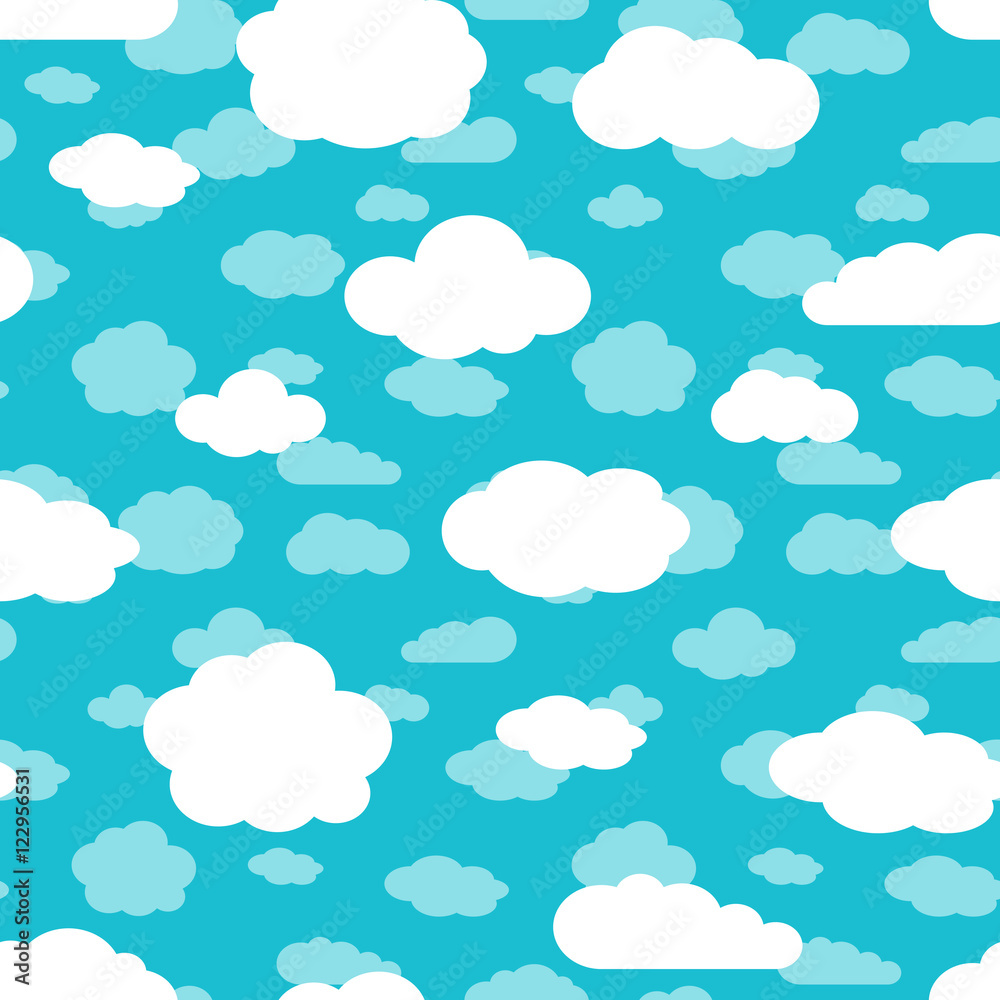 Bright turquoise blue sky and white clouds seamless pattern