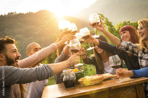Happy friends having fun outdoors - Young people enjoying harvest time together at farmhouse vineyard countryside - Youth and friendship concept - Focus on hands toasting wine glasses with sun flare