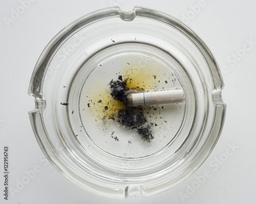 Cigarette in glass ashtray