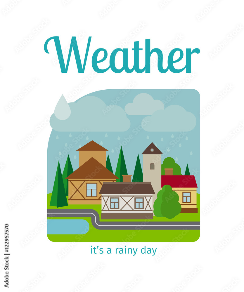 Different weather in the town illustration. Its a rainy day vector illustration