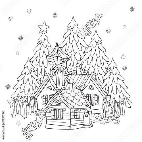 Vector cute christmas fairy tale village doodle.