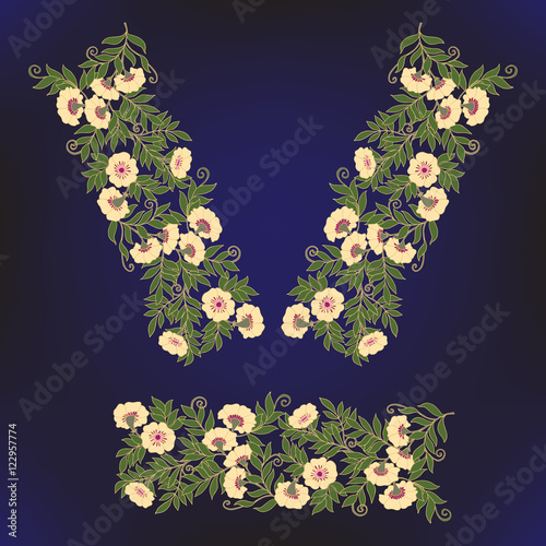 Neck line embroidery designs with middle ages floral pattern.