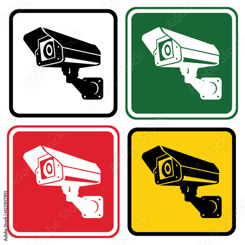 Sign surveillance camera. Set of warning signs in different colo