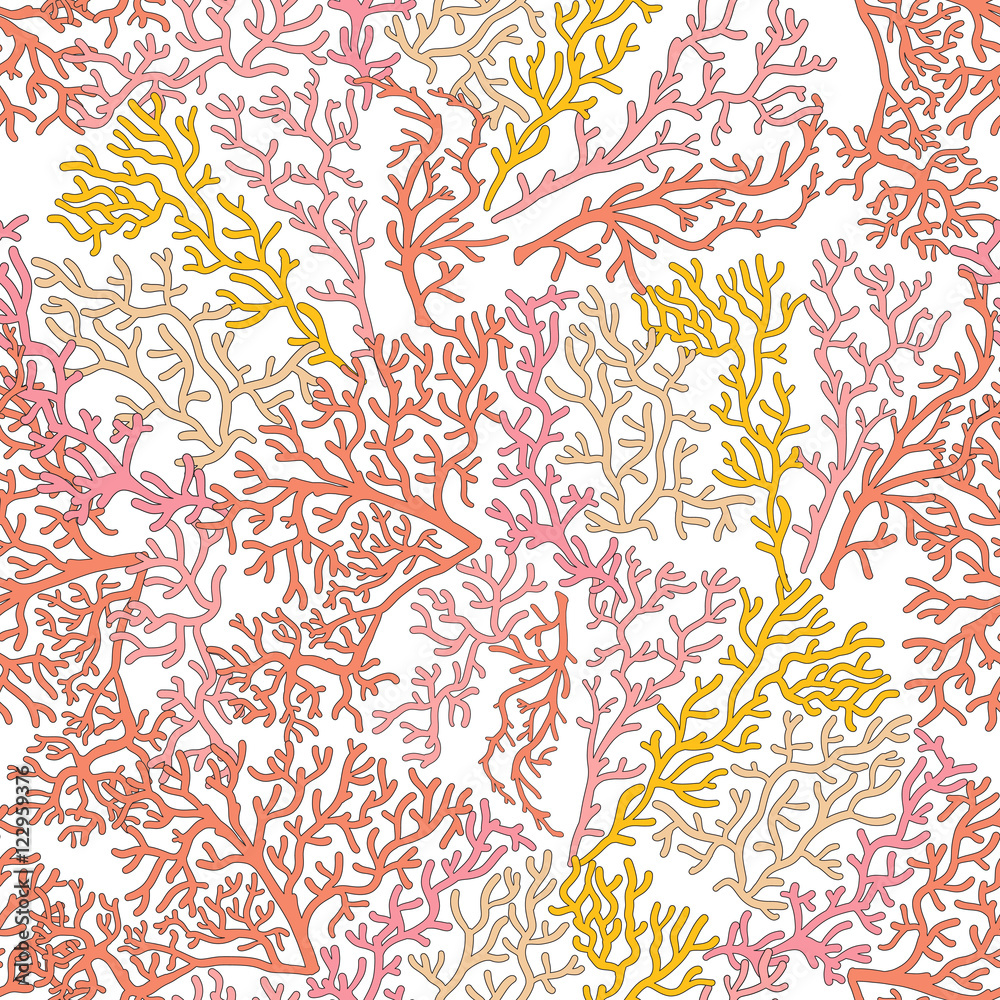 Seamless pattern with decorative corals and sea or aquarium fish