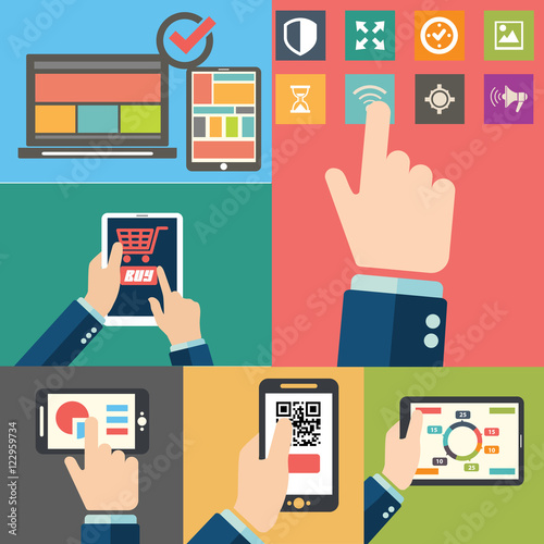 Modern flat icons vector collection in stylish retro colors of mobile phone and digital tablet using with hand touching screen symbol.