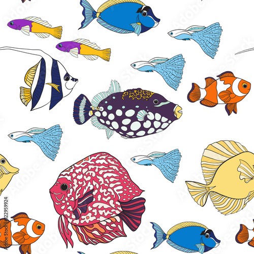 Seamless pattern with decorative corals and sea or aquarium fish