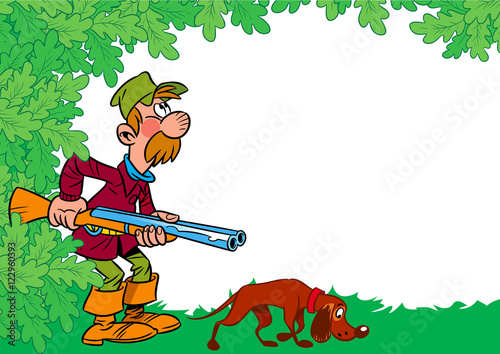 The illustration shows a male hunter with a shotgun and a dog on the background of foliage in a cartoon style, there is a place for text