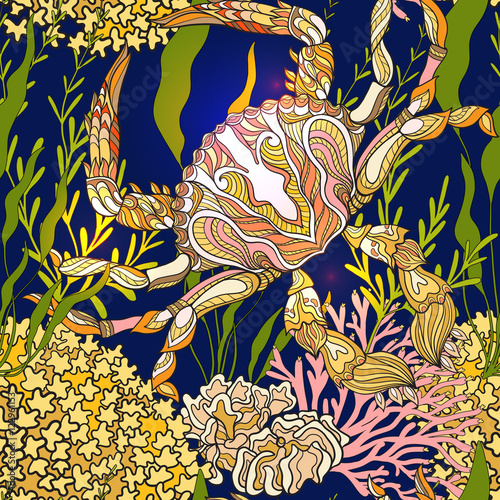 Seamless pattern with decorative corals and sea or aquarium fish