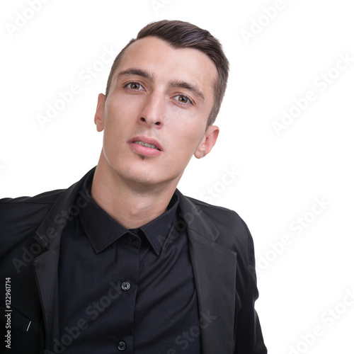 Closeup portrait of sad and depressed man isolated on white