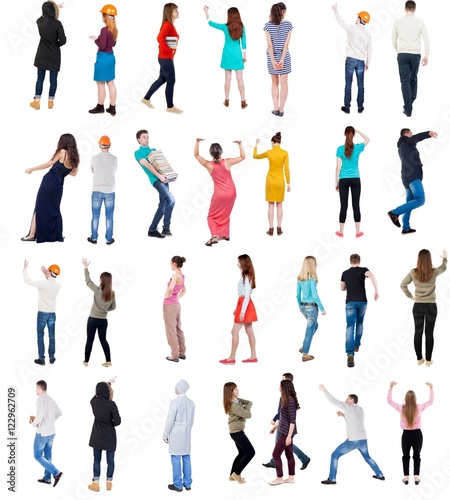 Collection " Back view people ". Rear view people set. backside view of person. Isolated over white background.