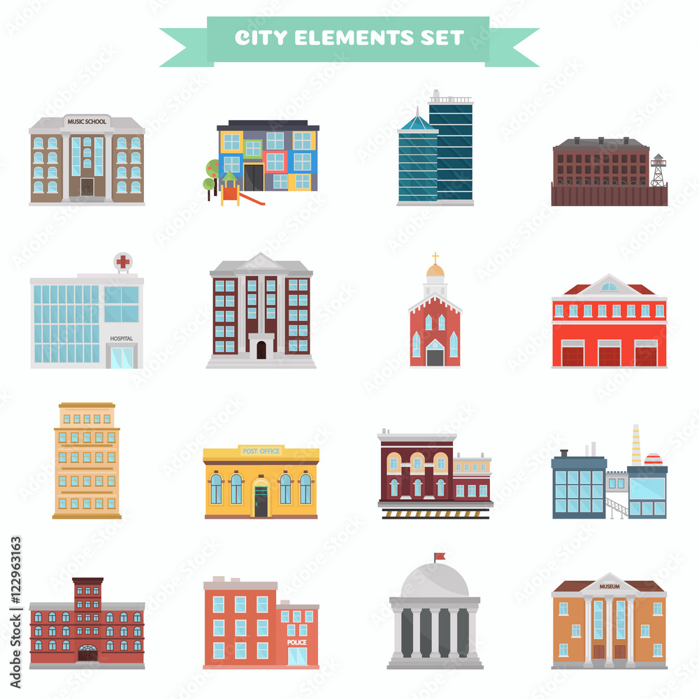 Color city elements buildings icons flat set. Stock Vector icon. Illustration for web and mobile design