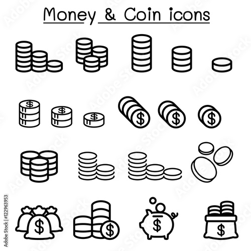 Coin & money icon set in thin line style