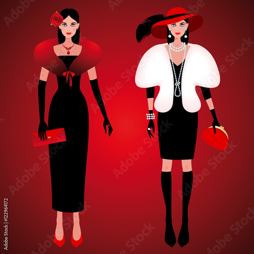 Fashionable girls on the evening of luxury glamor clothes.