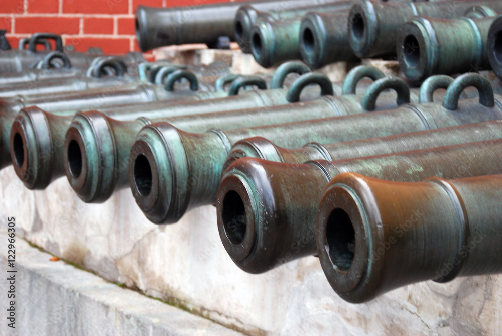 Old cannons shown in Moscow Kremlin. Color photo.